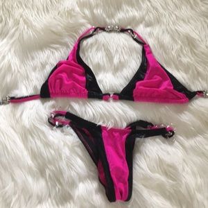 Merry Christine Pink Black Rhinestone Bikini Set Size S Glam Statement Swim